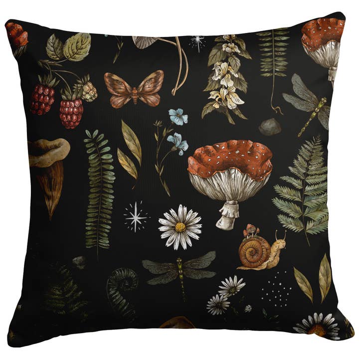 "Dark Forest" Square Throw Pillow | Plants Flowers Mushrooms for wholesale by Bleak Boutique