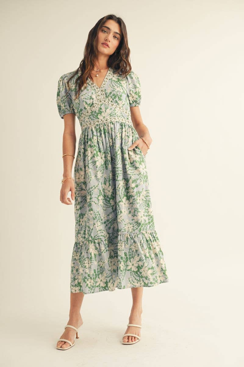 Azul Multi VESTIDO MIDI COM ESTAMPADO FLORAL, DECOTE EM V E BABADOS NA BAINHA para venda a revendedores na Faire10