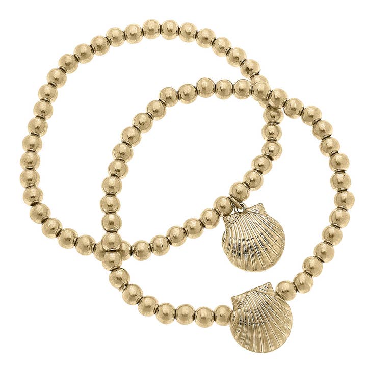 Canvas Style - Wholesale Beaded Bracelet - Perla Cockle Shell Ball Bead Bracelet of 2 in Shiny Gold