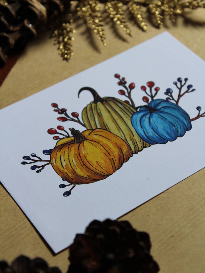 Cartolina acquerello con zucche e zucchette - poster autunnale per la vendita all'ingrosso da parte di Au cœur des lunes