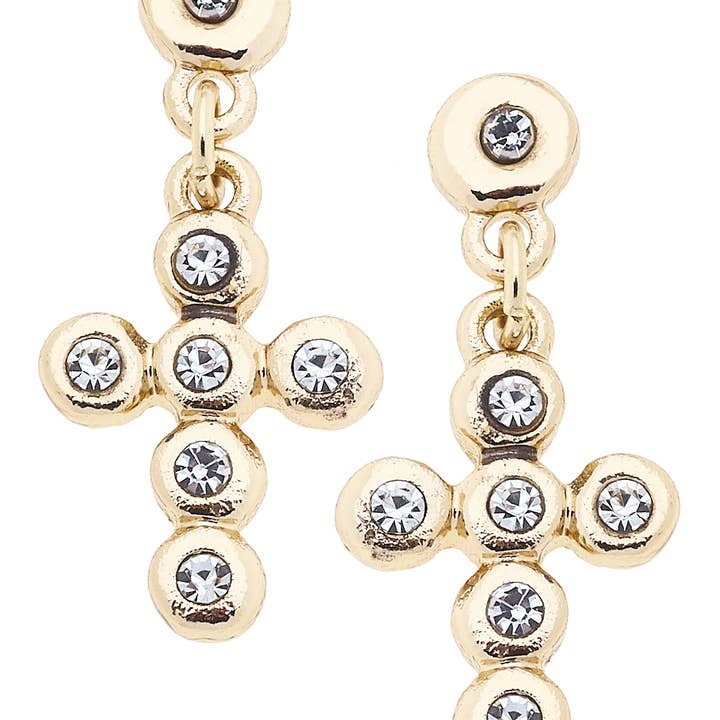 Elizabeth Pave Cross Drop Earrings in Shiny Gold for wholesale by Canvas Style