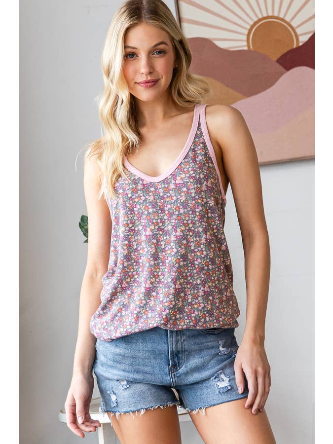 7th Ray - Venta al por mayor Camiseta sin mangas - Mujer - TOP DE TIRANTES CON ESCOTE EN V Y CONTRASTE SÓLIDO FLORAL DITSY T594916