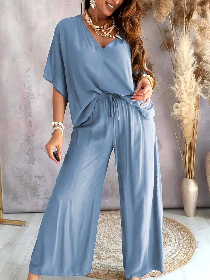 HIDDENBRAND - Wholesale Top & Pant Set (NOT Loungewear) - Women's - Lazy batwing top & wide-leg pants set loungewear16