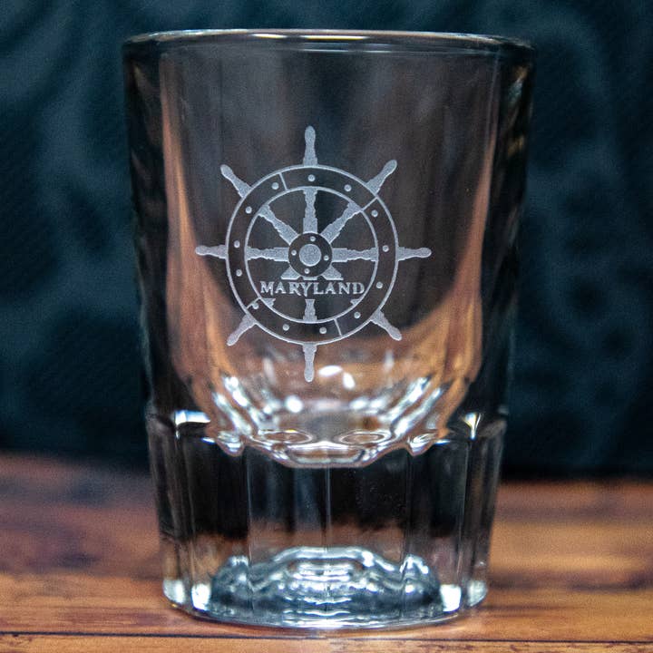 Wheel Maryland Nautical Etched Drinkware Barware for wholesale by Gifts of Glass & Wear