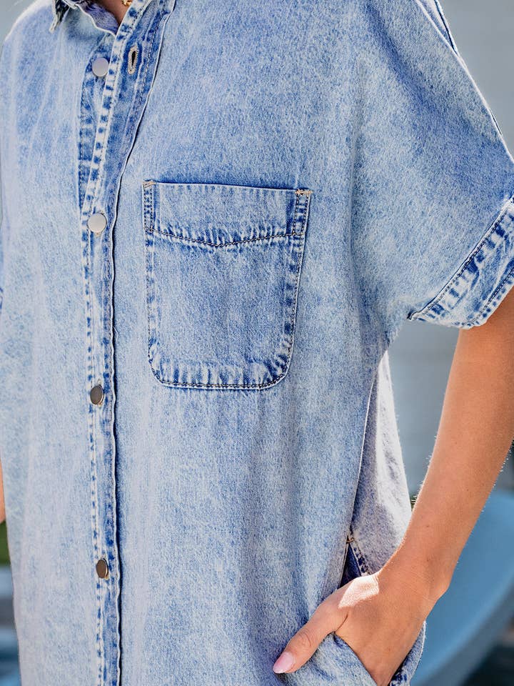 Light Blue Loose Medium Wash Chambray Dress with Short Sleeves for wholesale on Faire3