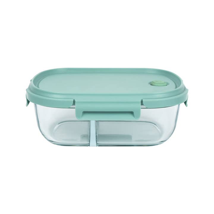 Neoflam - Wholesale Food Storage Container - Oval Bento Glass 37oz Food Storage with Divider - Blue Lid, Vent