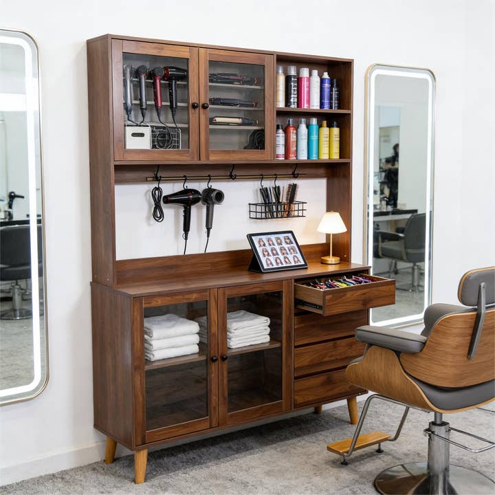 HOMYCASA DESIGN INC - Vente Armoire - Armoire à outils de coiffure multifonctionnelle en noyer de 63 pouces pour salon