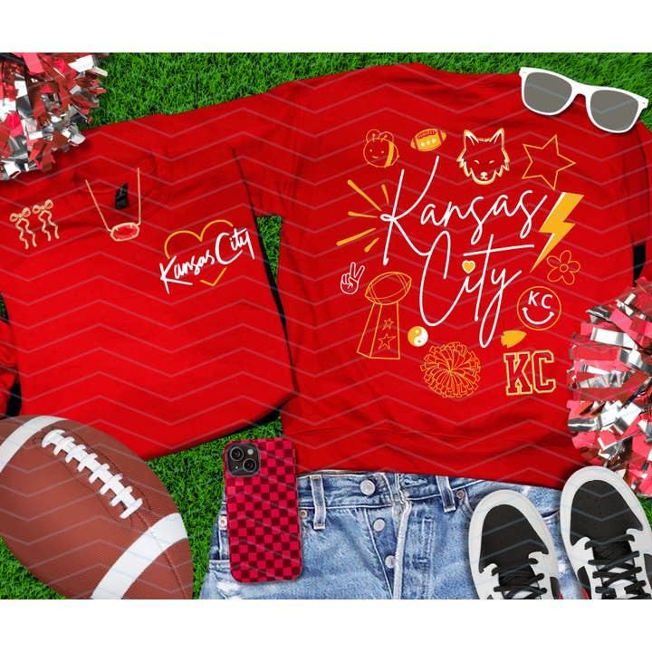 Front/Back Kansas City Script Collage Red Sweatshirt for wholesale by The Red Rival Wholesale