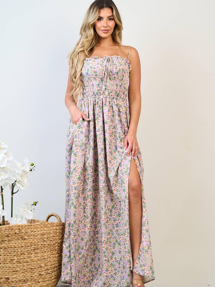 DITSY FLORAL MAXI DRESS WITH SMOCK DETAIL AND CRYSTAL BEAD for wholesale by A July