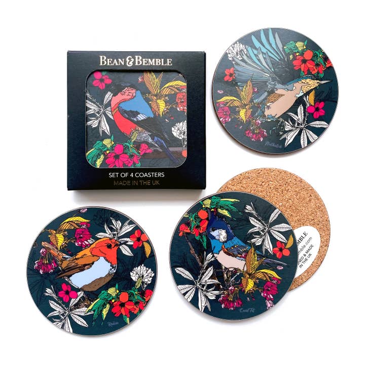 Bean and Bemble - Wholesale Coasters - Coasters Box Set Round Melamine Wood British Garden Birds Mixed