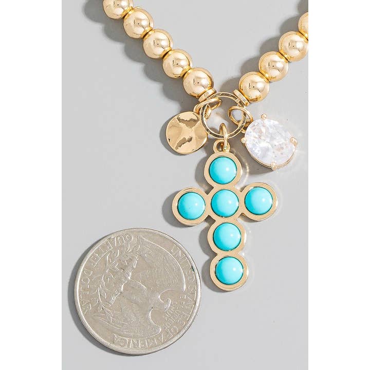 The Looks by Fame Accessories - Wholesale Beaded Bracelet - Cross And Rhinestone Gem Charms Metallic Beaded Bracelet1