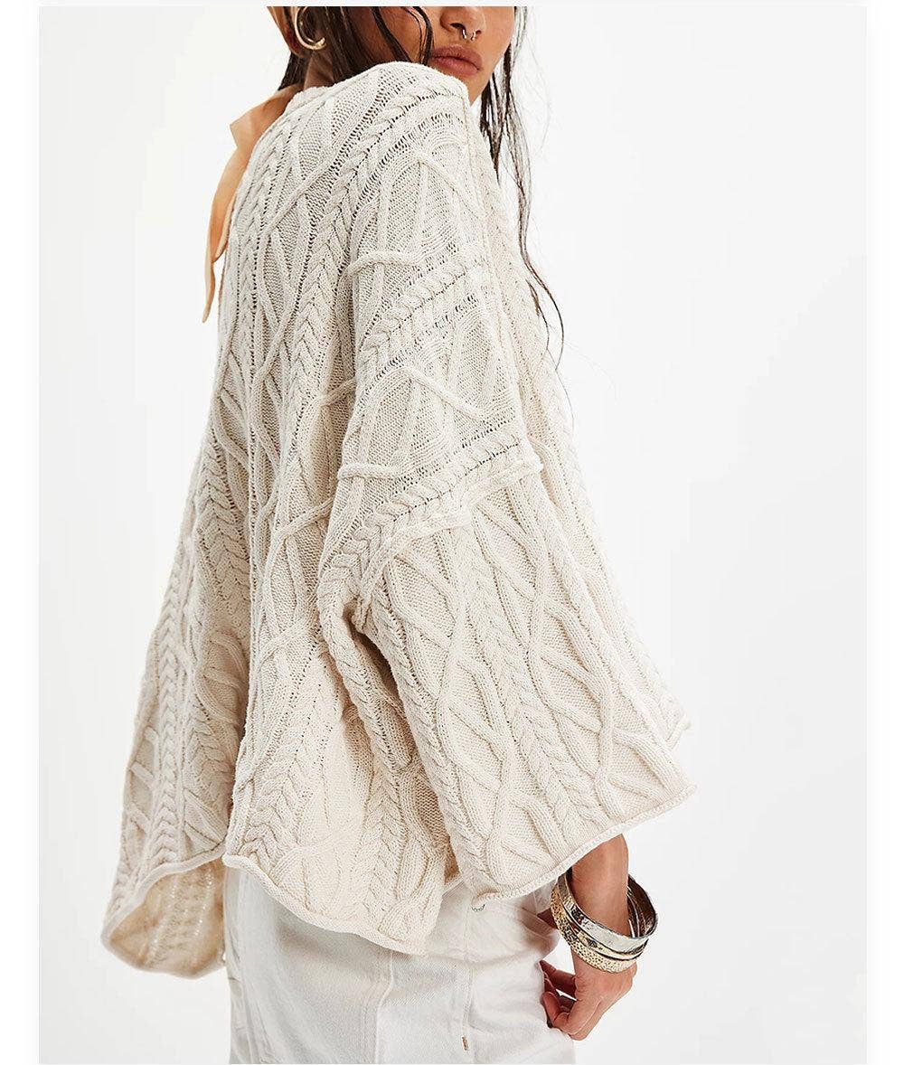 Suhkasana – Engroshandel Pullover - Dame – Chunky Kabelstrik Crop Sweater–Løs Boho Crewneck Pullover3