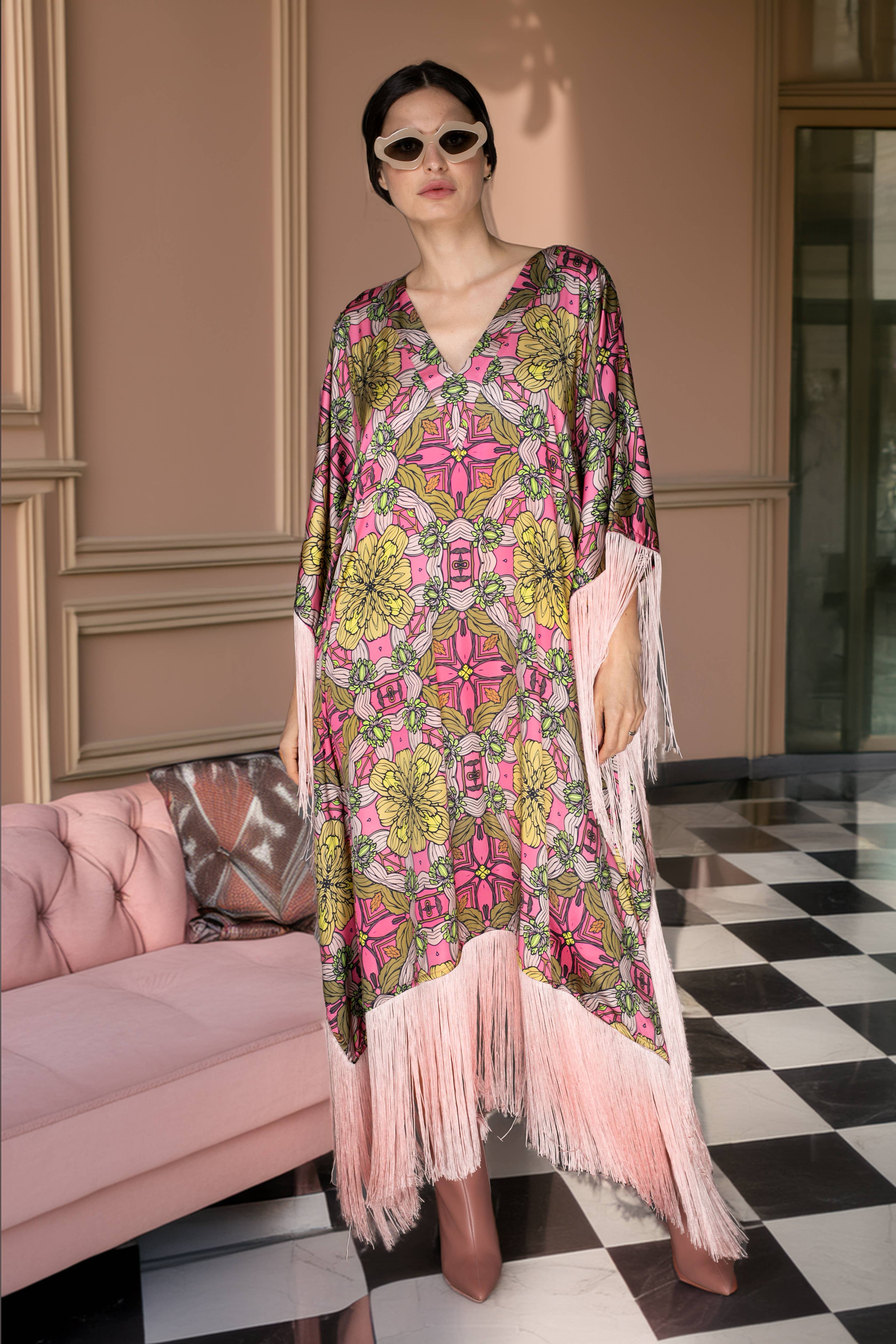 Rose Pink Fringed Satin Long Kaftan Dress for wholesale on Faire1