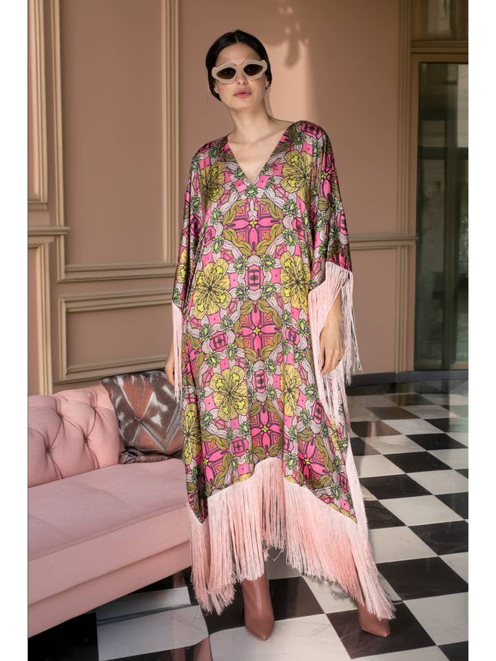 Rose Pink Fringed Satin Long Kaftan Dress for wholesale on Faire1