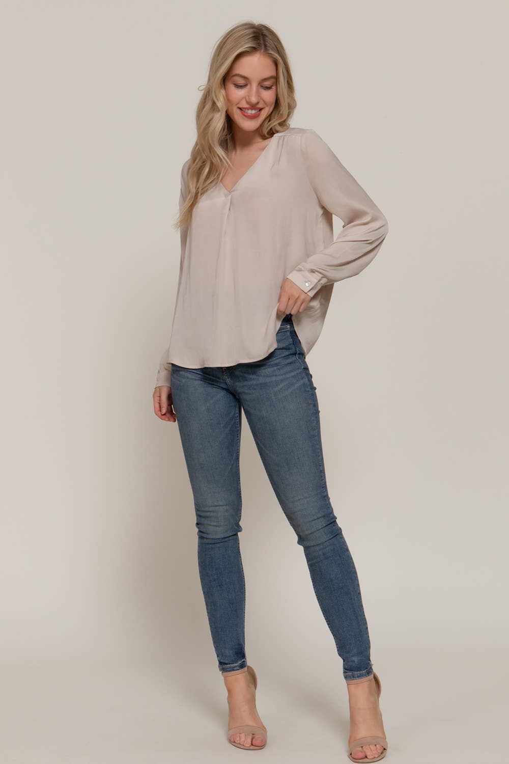 Active Basic | Active USA - Wholesale Blouse - Women's - Long Sleeve V-Neck with Pleats Satin Blouse16