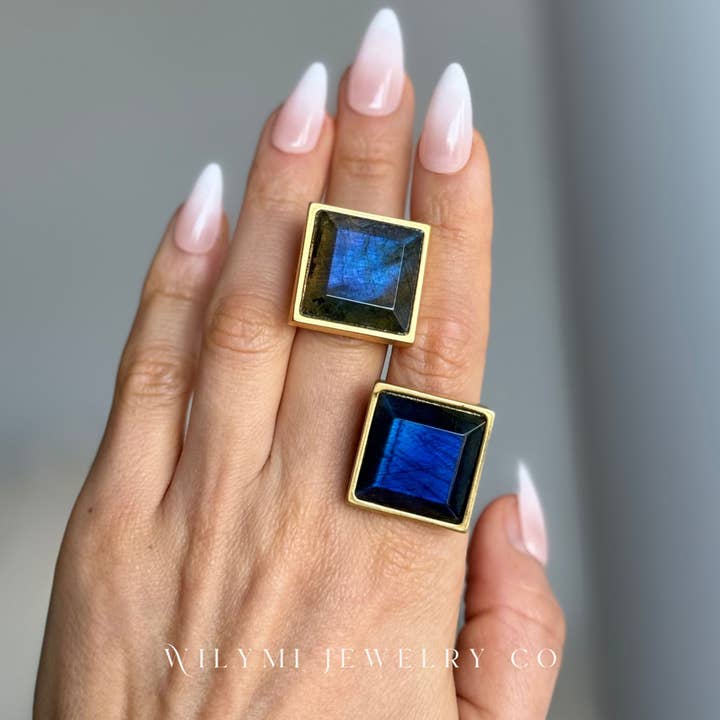 WILYMI Jewelry Co - Wholesale Cocktail/Statement Ring - PRESENCE Labradorite 20mm Square Cut | 24k GF | Adjustable17
