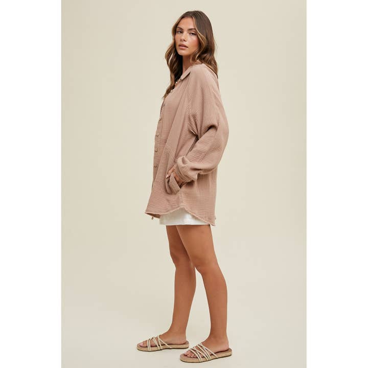 MOCHA COTTON GAUZE BUTTON-UP TOP WITH RAW EDGE DETAIL / WL23-8207 for wholesale on Faire
