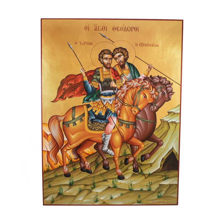 Saints Theodore Tyro and Theodore Stratelates hand painted icon, Greek Orthodox icon, Handmade Byzantine art wall hanging wood icon 30x20cm for wholesale by TheHolyArt