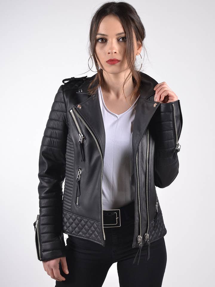 Schwarze Biker-Lederjacke für Damen für den Großhandel von Leather Republic Ltd