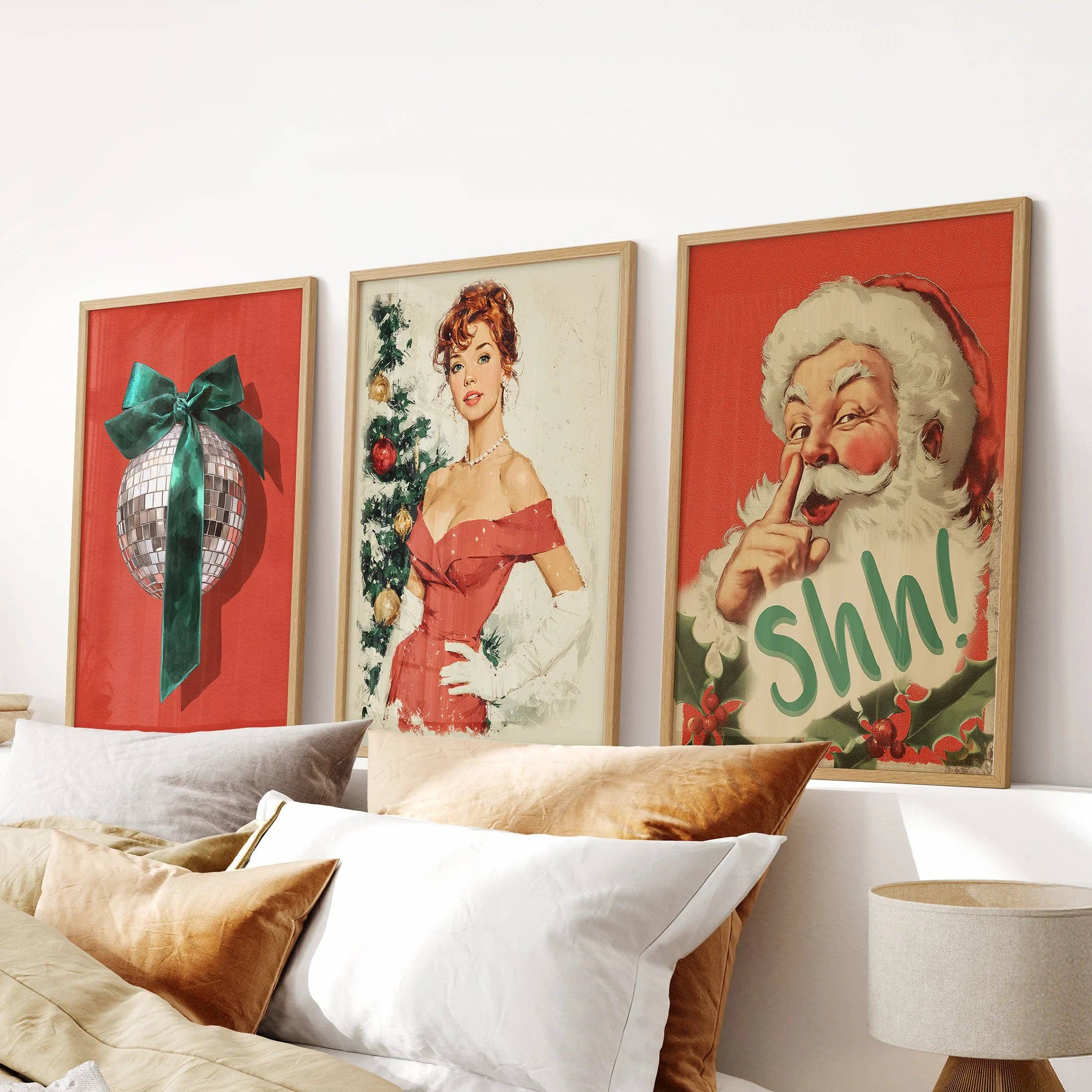 PrintSets.com - Wholesale Gallery Wall Set - Retro Holiday 3 Piece Wall Art: Santa, Pin-Up Girl, Disco Ball5