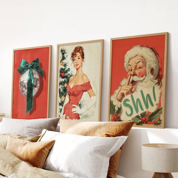 PrintSets.com - Wholesale Gallery Wall Set - Retro Holiday 3 Piece Wall Art: Santa, Pin-Up Girl, Disco Ball5