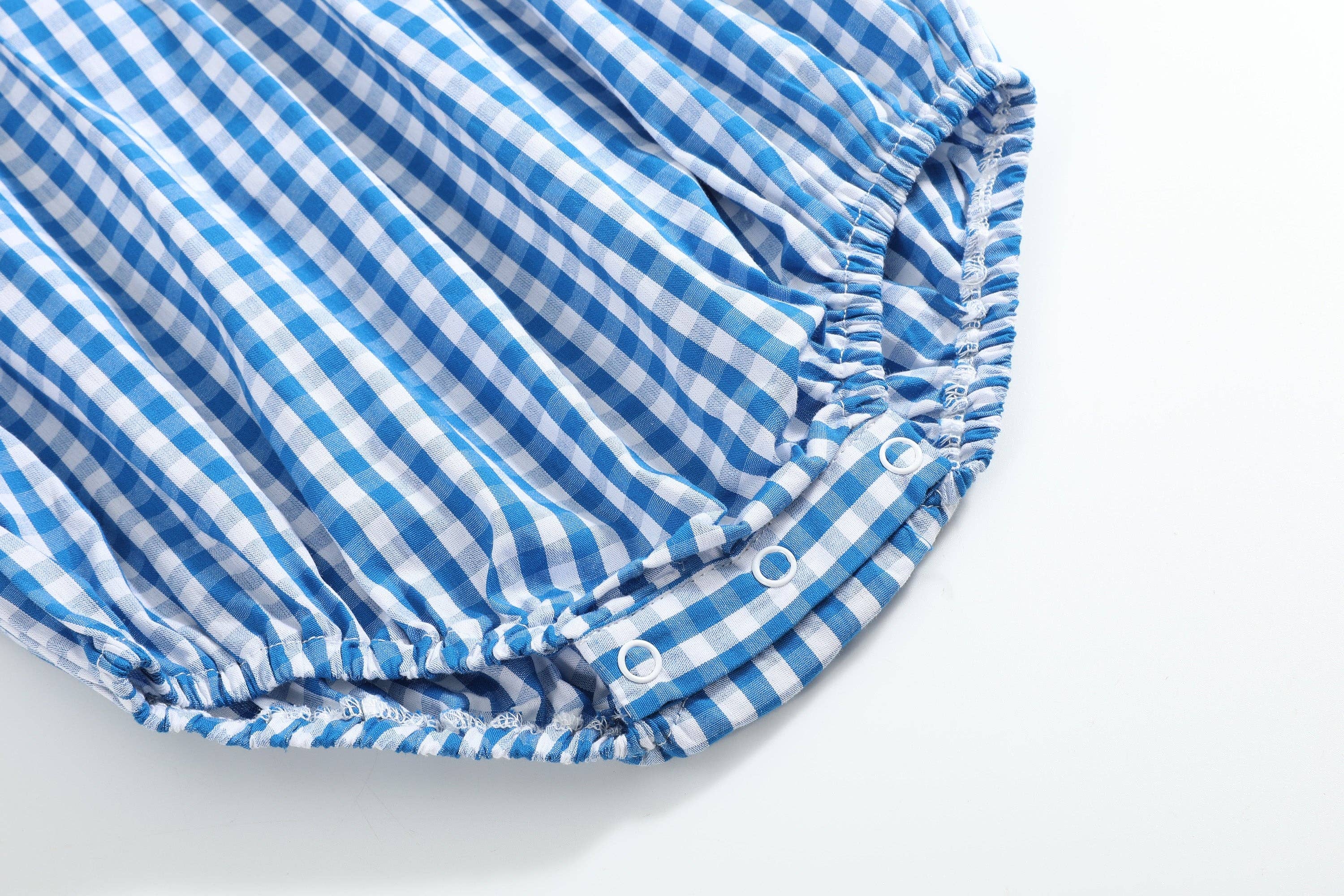 Lil Cactus – wholesale Bodysuit (non-footed) – Baby – Blue Gingham Pumpkin Smocked Ruffle Romper4