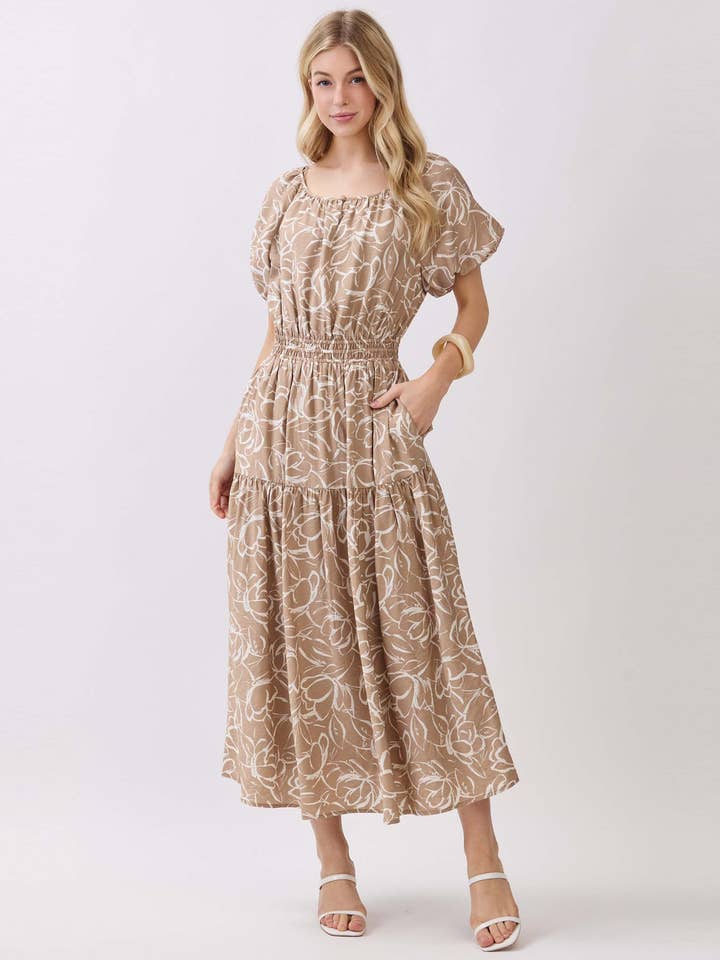 ROUND NECK LINE BALLOON SLEEVE MIDI DRESS - VJD42912 for wholesale by Calista