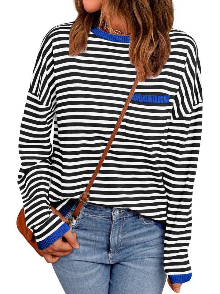 HIDDENBRAND - Wholesale Knit Sweater - Women's - Fashion Color-Block Striped Long-Sleeve Top4