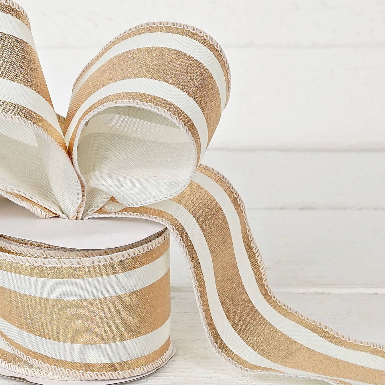 Holiday Depot Inc. - Wholesale Ribbon - Gift Wrapping - R32917-Wired Ribbon-Fabric-Gold and Cream (2.5inW)3