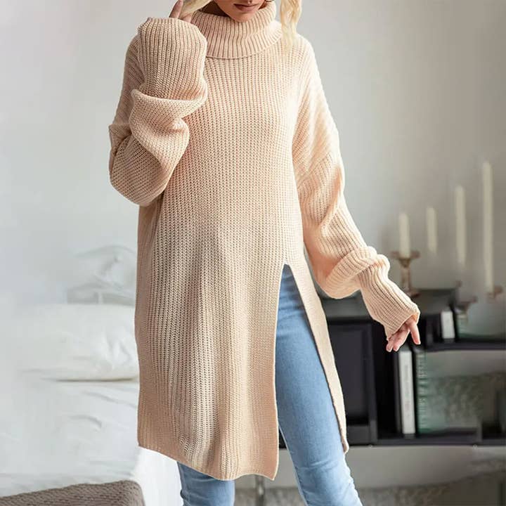 CWOSWL0232_TURTLE NECK TUNIC KNIT SWEATER for wholesale by Lily Clothing