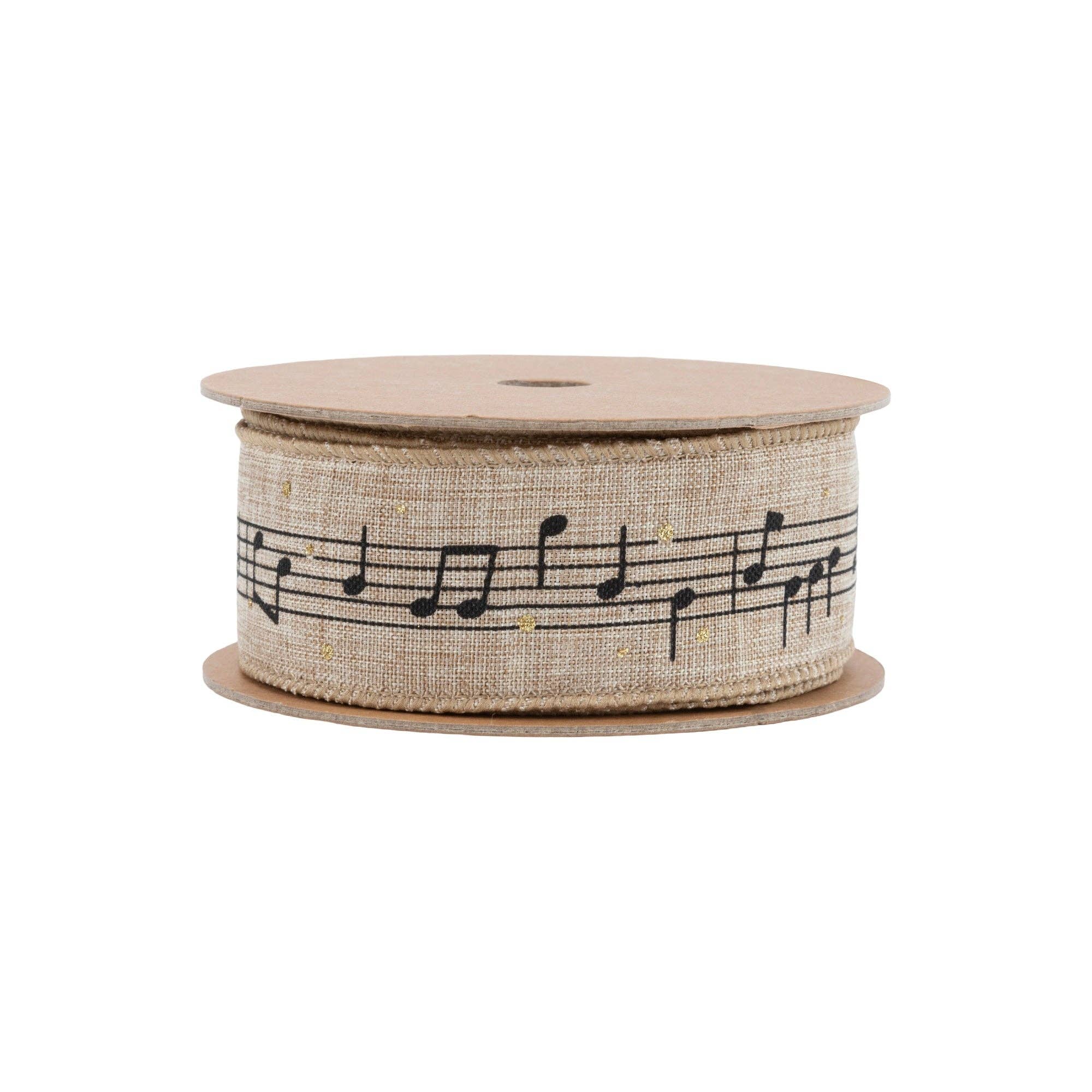 LA Ribbons Wholesale – Großhandel Band – Geschenke verpacken – 1 1/2" Drahtband | Musiknoten auf Natur | 10-Yard-Spule4