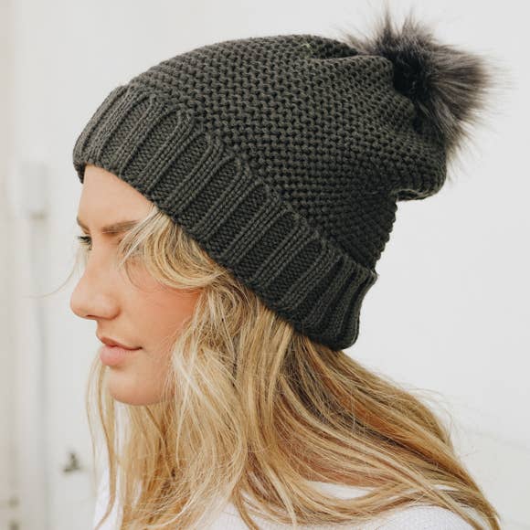 Leto Accessories - Wholesale Beanie - Women's - Chunky Knit Pom Beanie with Faux Sherpa Lining 🐑