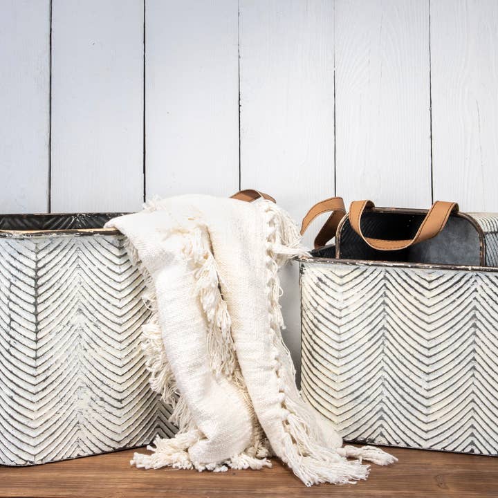 SALE - Braxton Rustic Set 3 Whitewash Gray Bins Faux Leather for wholesale by Foreside Home & Garden