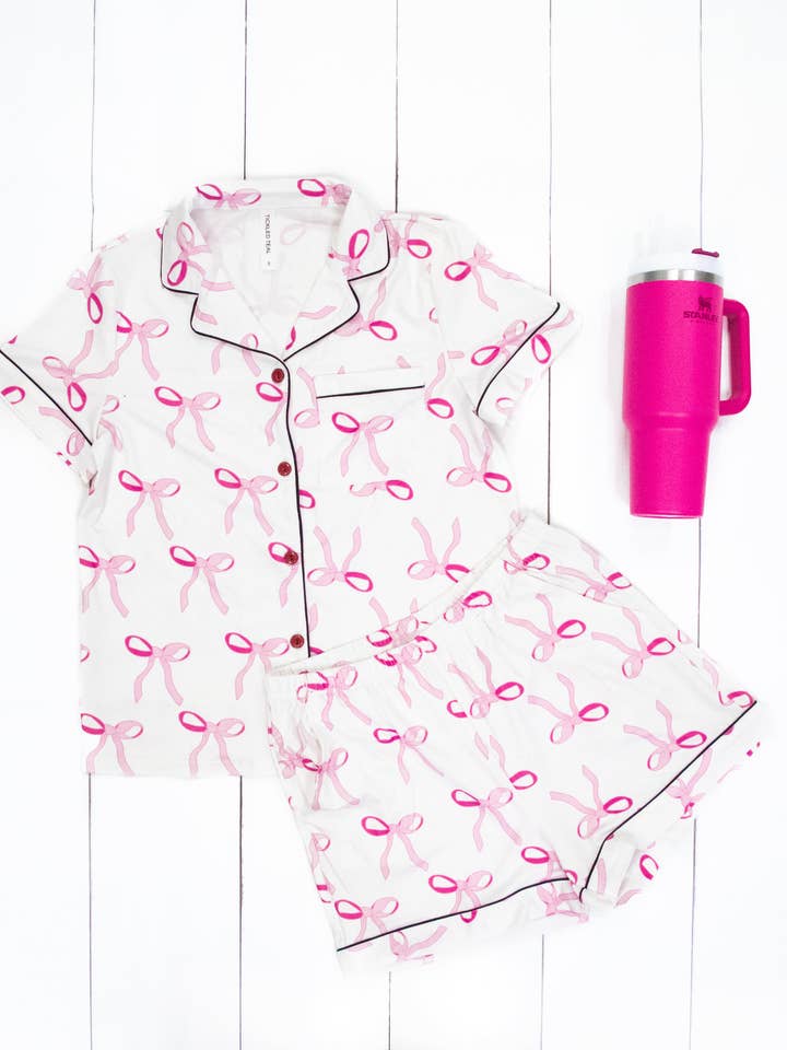 Tickled Teal - Wholesale Sleepwear Set - Women's - Pattern Bow Heart Pajamas