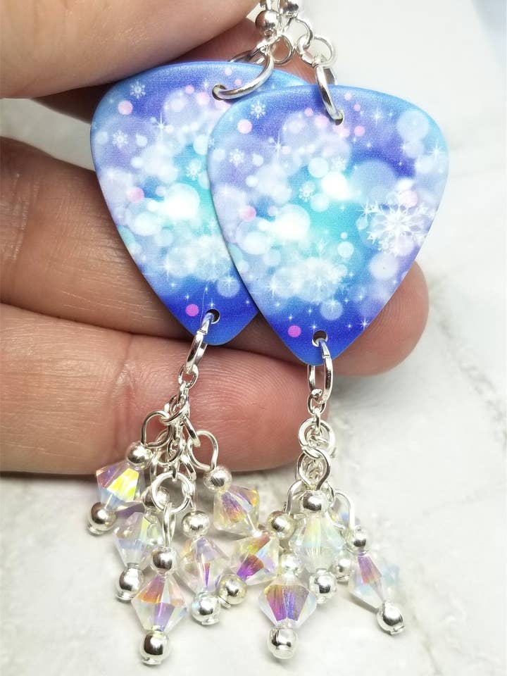 Snowflake Guitar Pick Earrings with Clear ABx2 Swarovski Crystal Dangles for wholesale by Simply Raevyn
