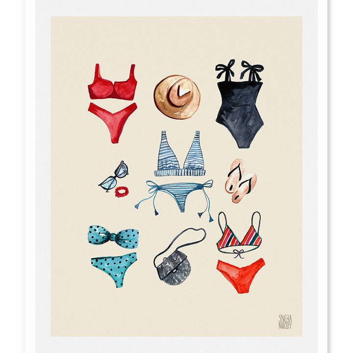 Summer Swimsuit, Hat, Sunglasses Art Print for wholesale by Wild Croft Studio