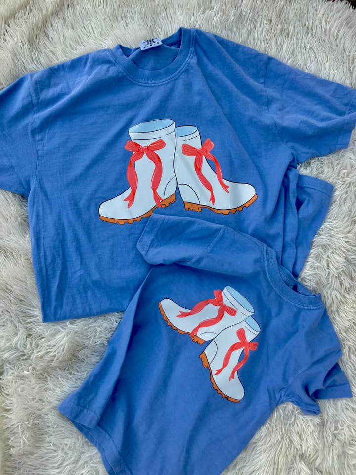 on the Bayou - Wholesale Screen Printed T-Shirt - Kids - Shrimp boots with bows shrimp t-shirtÂ