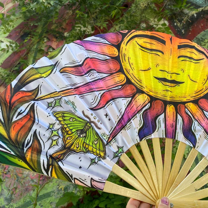 Enlighten - Venta al por mayor Ventilador plegable de mano - Abanico de Sol y Polilla Luna / Abanico de Festival / Abanico Gigante / Arte del Sol / Arte de Polilla Luna / Enlighten Clothing Co / Abanico Reactivo a la Luz Negra para Rave