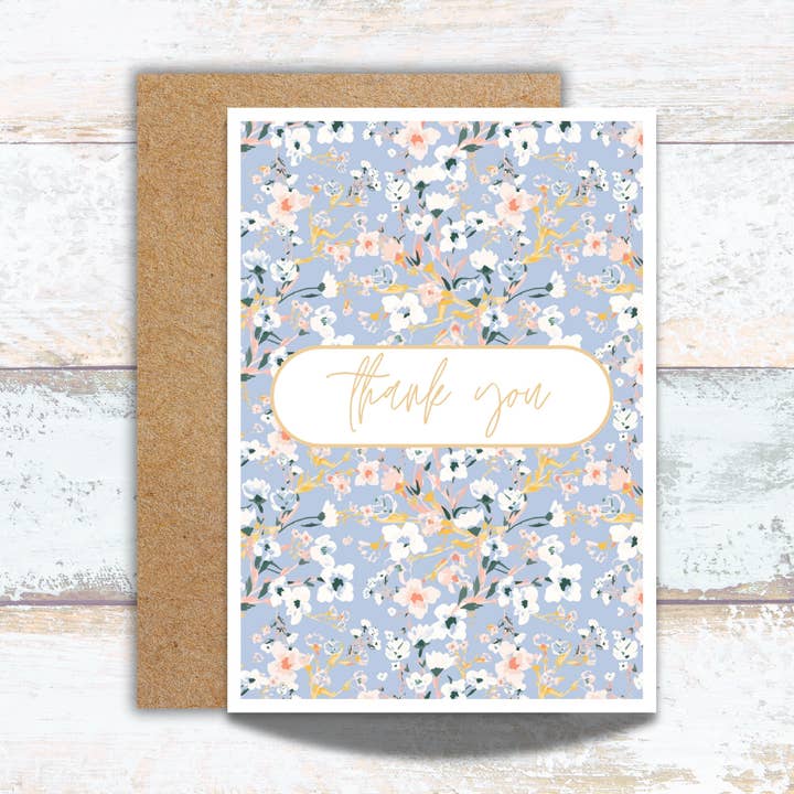 Blue and Gold Wildflower Thank You Greeting Card for wholesale by Designs by Michaela
