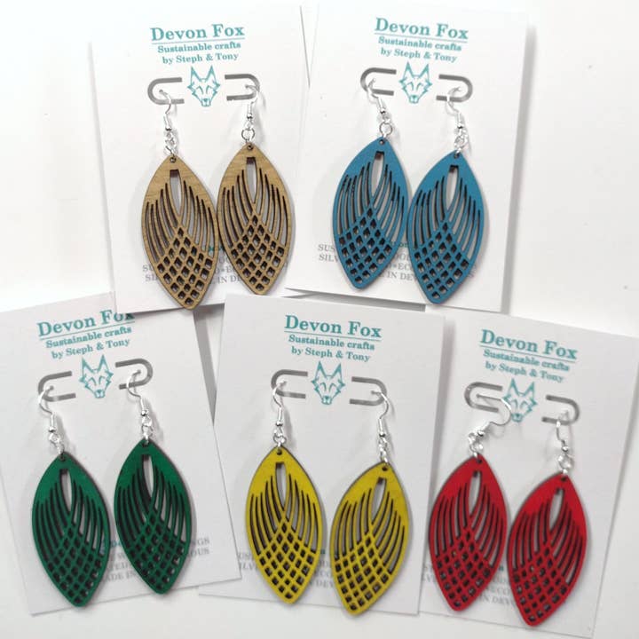 Wooden Deco Curve Earrings - Handmade in Devon for wholesale by Devon Fox