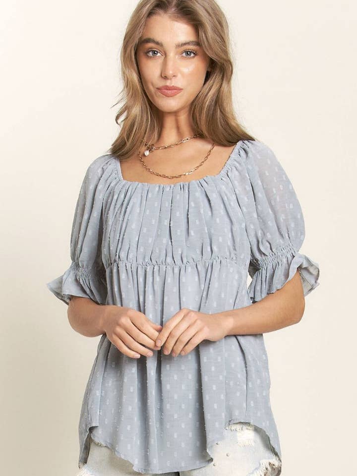 J.NNA - Wholesale Blouse - Women's - Swiss Dot Sinched Baby Doll Top