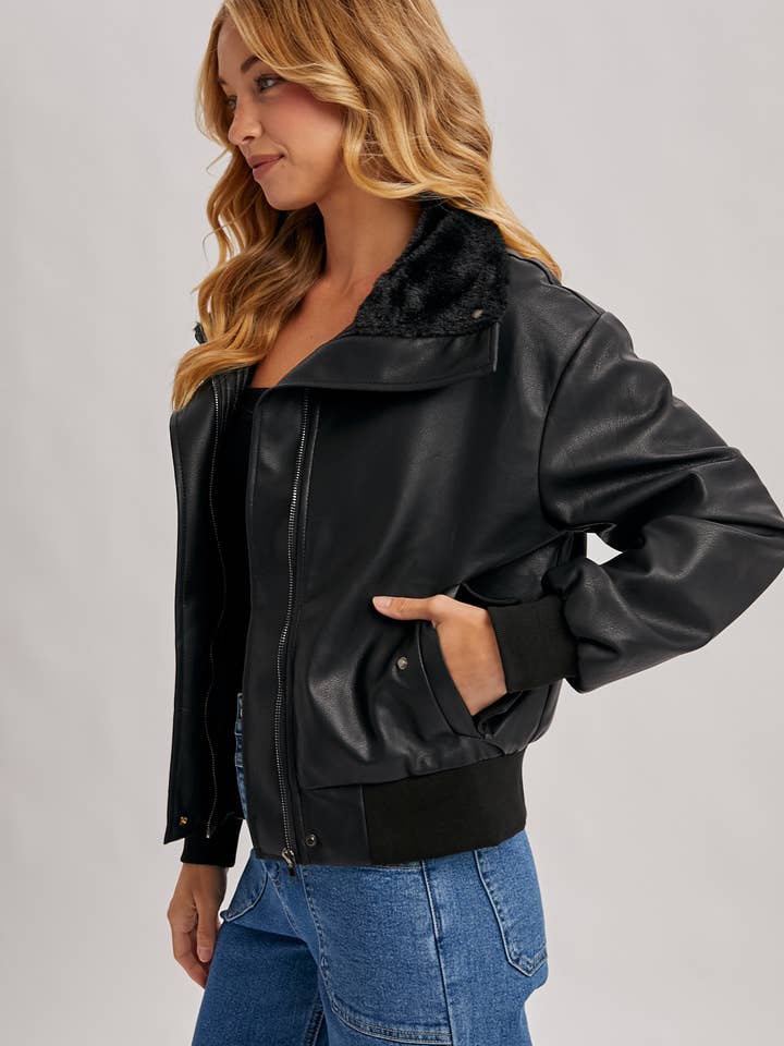 Bluivy - Wholesale Bomber Jacket - Women's - AVIATOR FAUX LEATHER AND FUR TRIMMED BOMBER JACKET4