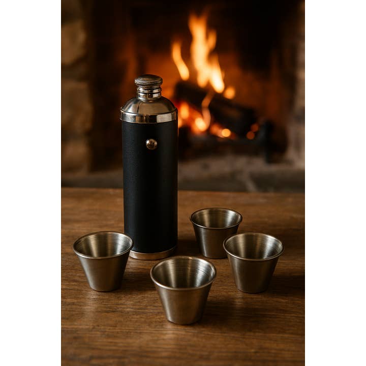 Corbell Silver - Wholesale Flask - Sportsman Flask with Tot Cups Black Leather/Stainless2