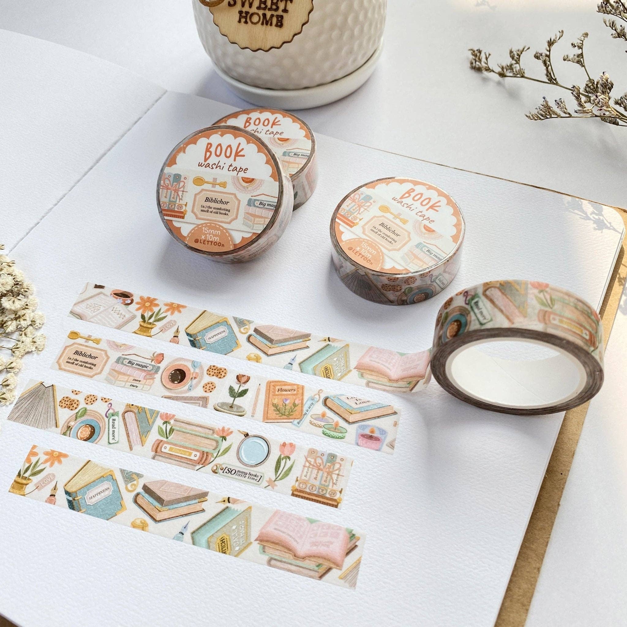 Lettoon - Vente Rubans adhésifs Washi - Washi tape motif livre, café et biscuits2