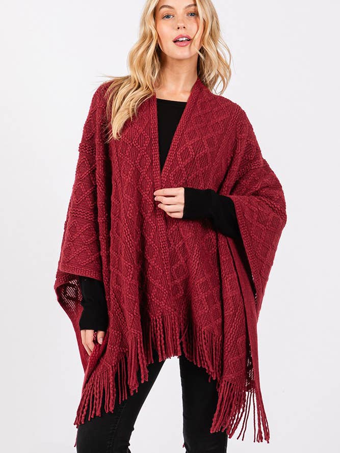 Hana – wholesale Cardigan – Women’s – Diamond Pattern Tassel Knit Ruana Winter Cardigan2