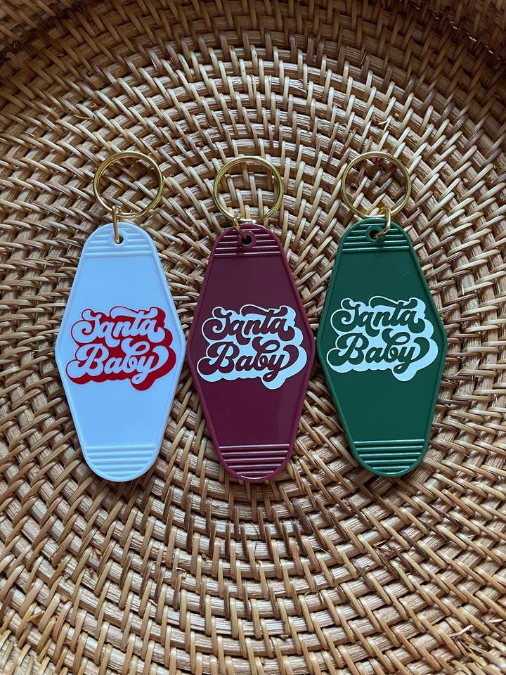 Santa Baby Christmas Retro Style Keychain, Motel Keychain for wholesale by Jeanne Mari & Co