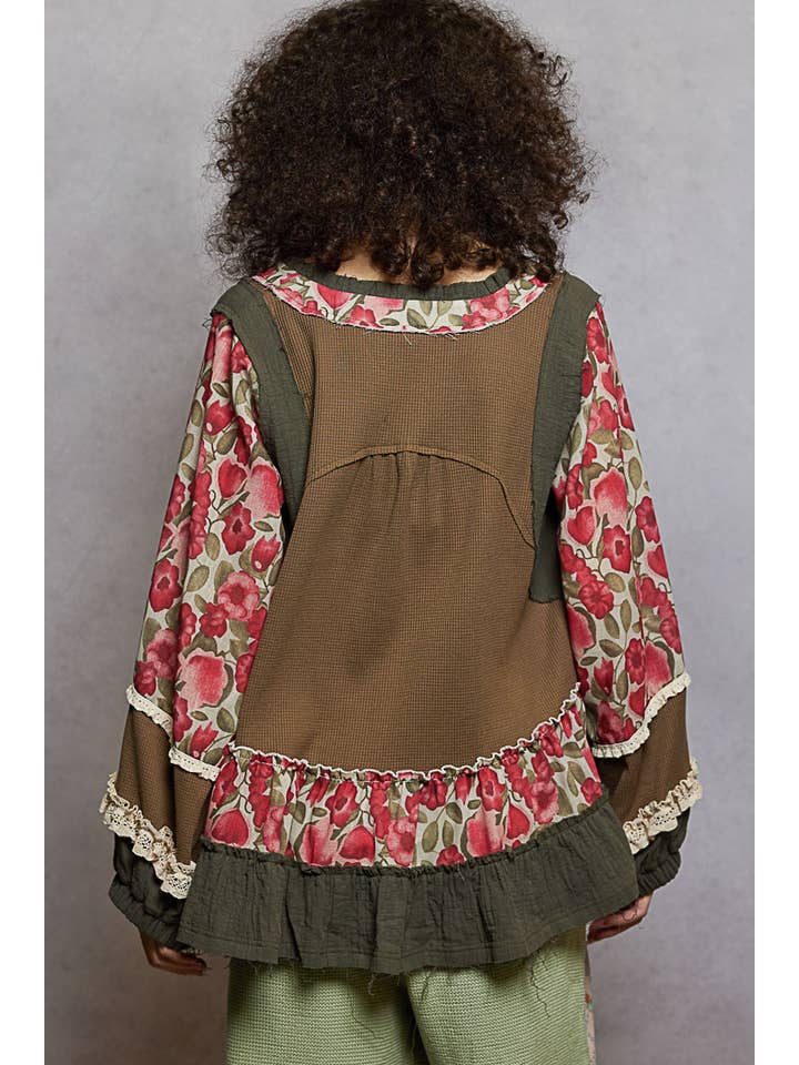 Pol Clothing - Wholesale Blouse - Women's - Round Neck Lace Trim Ruffle Hem Thermal Top3