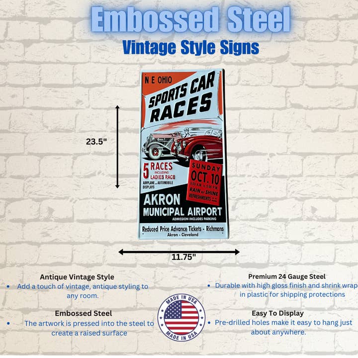 Vintage Style Steel Sign Sport Car Races for wholesale by The Vintage Retro Sign Company