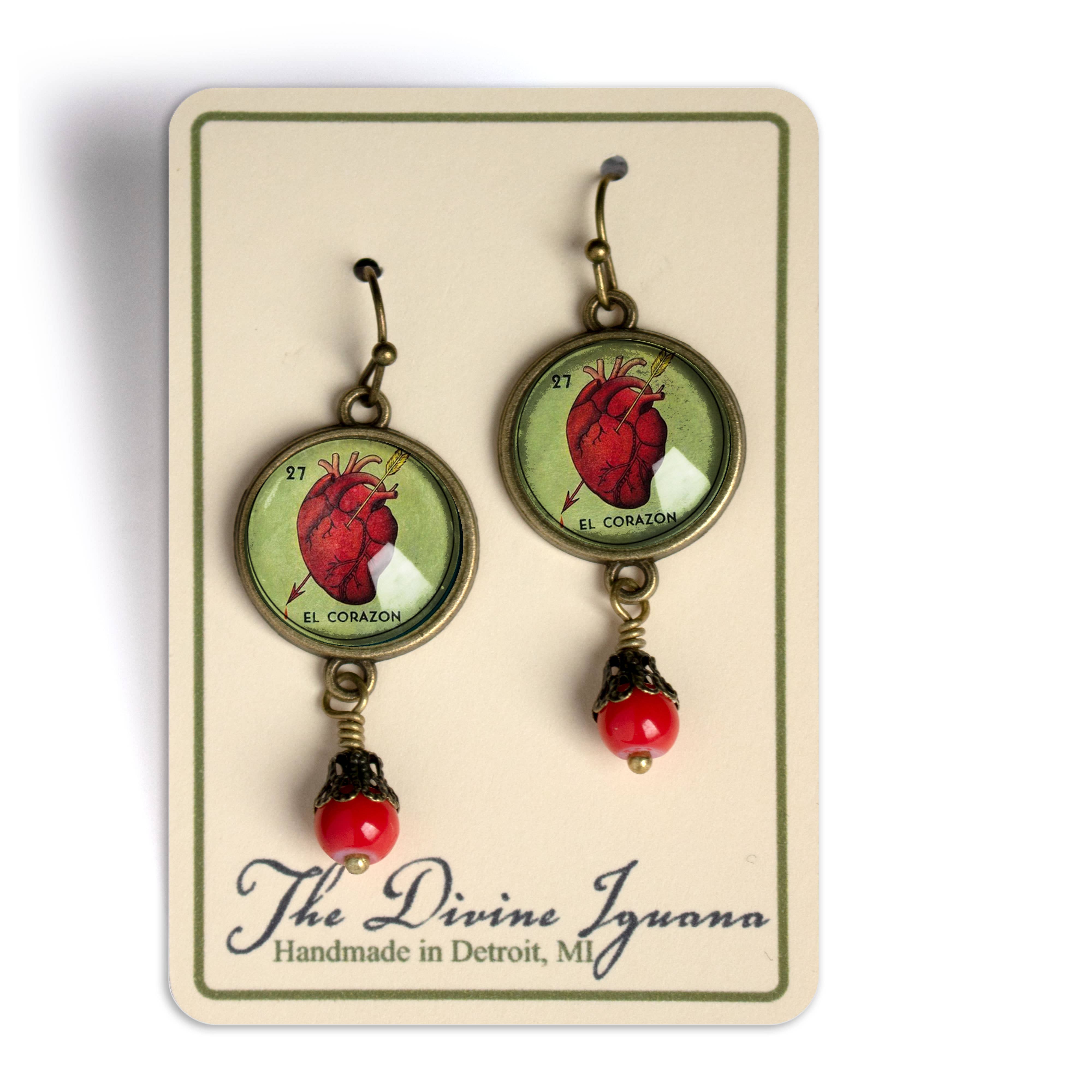 The Divine Iguana - Wholesale Dangle Earrings - Loteria El Corazon Heart Glass Cabochon Earrings1