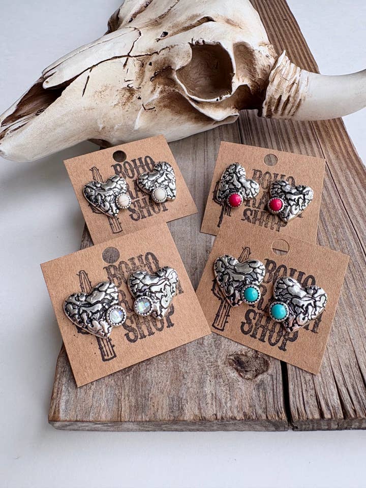 Western Horse Chunky Heart & Stone Stud Earrings for wholesale by Boho Ranch Shop